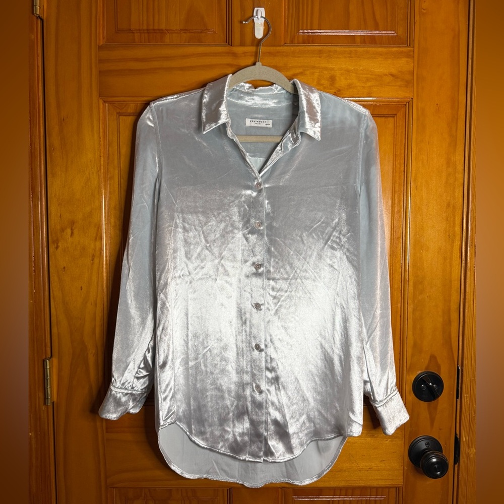 Equipment Femme Ice Blue Women’s XS Crushed Velvet Blouse Silk Blend